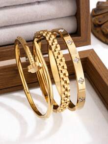 VJS 3pcs/1set Minimalist Luxury 18K Gold Plated Stainless Steel Stackable Bracelet Set, Suitable For Daily, Party, Wedding Women's Jewelry Gift - Yellow Gold - View 5