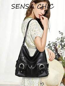 Modische Schultertasche mit mehreren Taschen, tägliche weiße PU-Leder Handtasche mit verstellbarem Riemen, leicht und praktisch, perfekt für Arbeit, Ausflüge und den täglichen Gebrauch. Mit entspanntem Schnitt und langanhaltend Struktur, kombiniert Praktikabilität und Y2K-Stil Details, um einen auffälligen Look zu kreieren - Schwarz - Übersicht 5