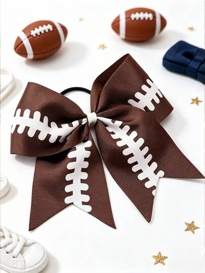 1pc Football Print Satin Bow Hair Tie, Sports Ponytail Hair Scrunchie, Game Day Hair Accessory, School Sports Event