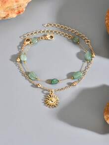 2pcs/Set Stainless Steel Niche INS Green Round Stone With Gold Sun Pendant Chain Bracelet, Fashion Versatile Hand Jewelry For Women, Suitable For Daily Wear, Photography, Travel And Outings - Multicolor - View 2