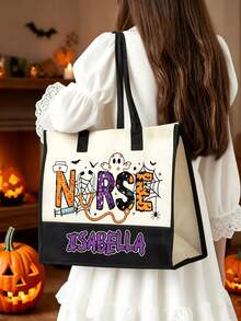 Custom Name Halloween Nurse Canvas Tote Bag, Personalized Medical Worker Shoulder Bag, Halloween Nurse Appreciation Gift - Multicolor - View 5
