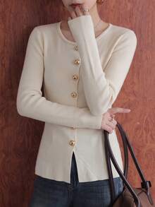 Women's Elegant Round Neck Gold Button Ribbed Knit Cardigan, Slim Fit Open Front Long Sleeve Social Blouse, Office Commute Vacation Outing Top - Apricot - View 4