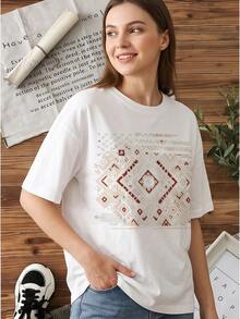 Kilim Geometric Totem Graphic Cotton Tee For Ladies, Boho Crew Neck Short Sleeve  Spring Summer Wear - 白色 - 查看 1
