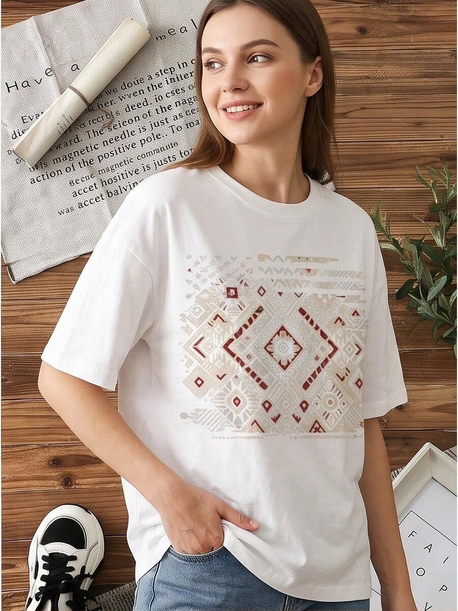 Kilim Geometric Totem Graphic Cotton Tee For Ladies, Boho Crew Neck Short Sleeve Spring Summer Wear - 白色 - 查看 1