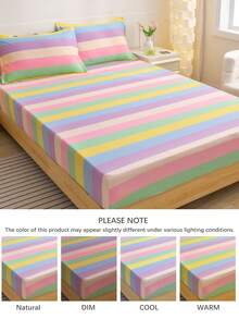1pc Rainbow Striped Japanese Style Fitted Sheet, 30cm Deep Pocket, All Season Mattress Cover, Twin Full Queen King - Multicolor - View 8