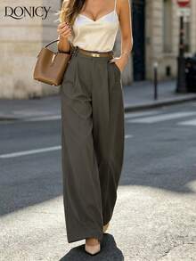 DONICY Women's Dark Grey High-Waist Pleated Wide-Leg Suit Pants, Spring/Autumn Office And Casual Wear - Grey - View 1