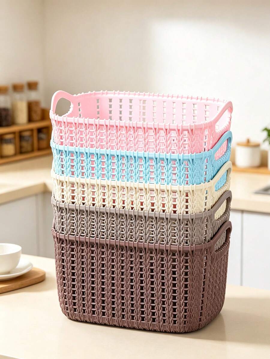 5/3/1pc Minimalist Aesthetic Macaron Color Plastic Rectangular Woven Texture Open Storage Basket, Dual Handle Stackable Snack Storage Box, Kitchen Bathroom Closet Desktop Cosmetic Sundries Organizer Box, Daily Use