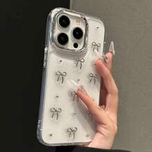 極簡銀色紋理小蝴蝶結與金屬珠金屬框架設計手機殼，適用於 iPhone 16/16Plus/16Pro/16ProMax/15/14/13/12/11/X/XS/XR/Mini/Pro Max/Pro/Plus TPU 全包覆軟殼 - 銀色 - 查看 3