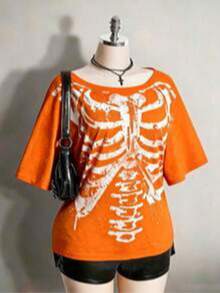 2026 Summer Collection,Retro Gothic Plus Tee: Distressed Skull & Rose, Y2K Punk Style, Sizes S-7XL, Ships 24H - 橘色 - 查看 17