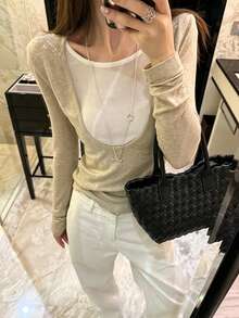 Women's Autumn/Winter Long Sleeve Lazy Chic Colorblock 2 In 1 T-Shirt, Design-Focused Round Neck Slim Fit Top - Color - View 2