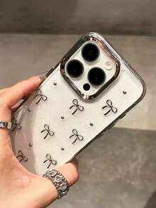 Minimalist Silver Textured Small Bow & Metal Bead Metal Frame Design Phone Case, Compatible With IPhone17/16/16Plus/16Pro/16ProMax/15/14/13/12/11/X/XS/XR/Mini/Pro Max/Pro/Plus TPU Full Coverage Soft Shell - Silver - View 3