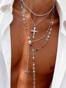 4pcs Fashion Elegant Sophisticated Personalized Exaggerated Luxury Old Money Style Colorful Rhinestone Cross Necklace Set For Men, Vacation Party Date Travel Shopping Beach Seaside Daily Wear Versatile Combination - Style 1 - View 2