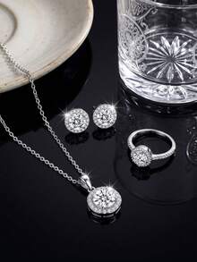 3pcs/Set S925 Sterling Silver Round Halo Moissanite Women's Jewelry Set, Pendant Necklace, Earrings And Ring, Wedding Jewelry, Anniversary Gift For Her - Silver - View 4