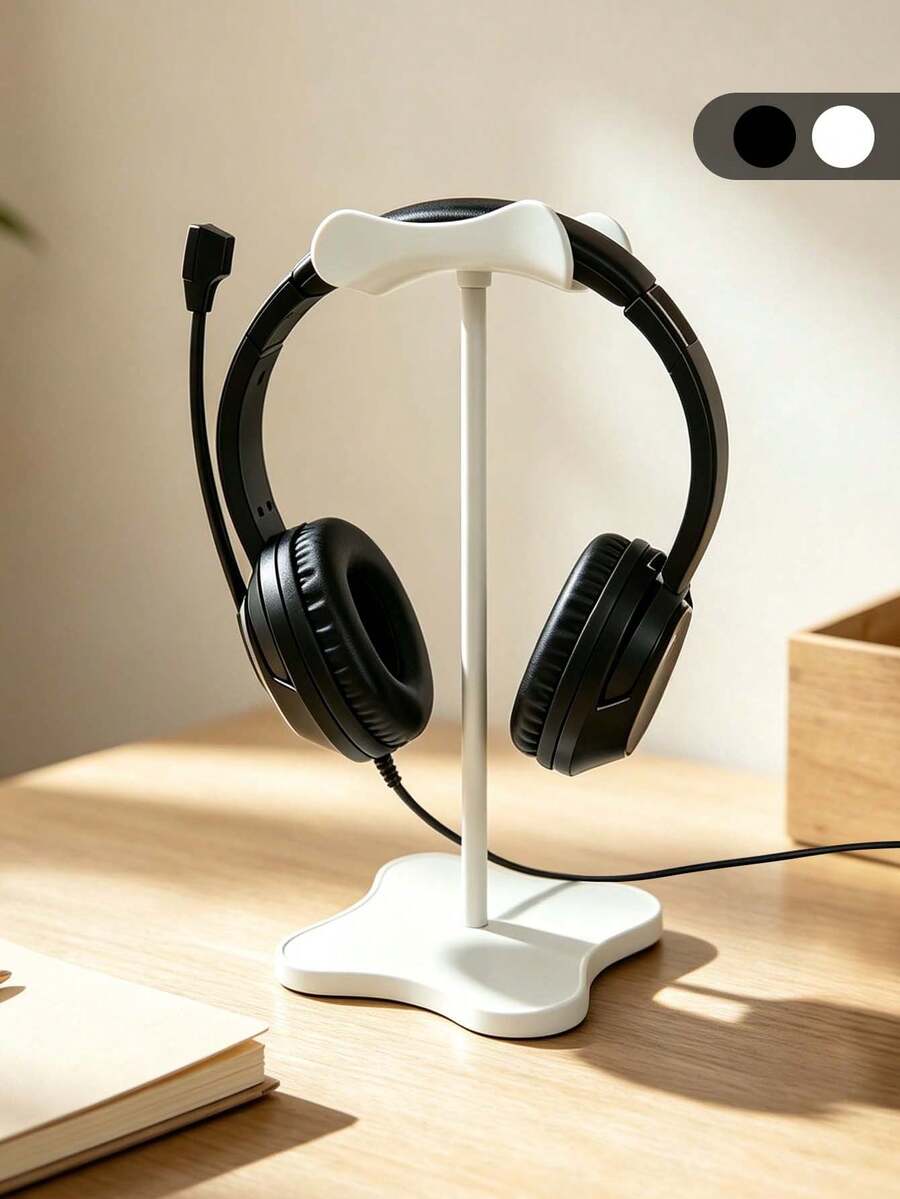 1 buah Stand Headphone Meja Minimalis, Dudukan Headset Gaming Universal dengan Alas Daun Semanggi Empat Kelopak, Tiang Berlapis Silikon, Gantungan Earphone Melengkung, Hitam & Putih - View 1