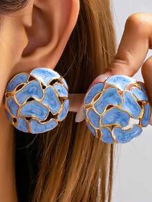 1 Pair Vintage French Style Colorful Enamel Stud Earrings, Gold Foil Cracked Design Hemisphere Earrings, Gentle Elegant Versatile Style - Baby Blue - View 6