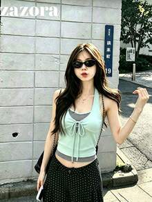 性感設計女款細肩帶背心上衣，修身顯身材，條紋拼接短版 2 合 1 上衣，夏季服飾 - 綠色 - 查看 1