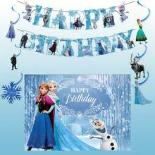 Themed Birthday Party Decoration Set, Ice Cave Happy Birthday Backdrop, Double-Layer Character Banner, Hanging Spiral Decorations, Anna Snowman Winter Princess Wall & Ceiling Decor - Multicolor - View 3