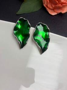 Irregular Wavy Leaf Enamel Drop Earrings, Multi-Color Vintage Metal Earrings, Luxury Daily Wear Jewelry For Women - Multicolor - View 5