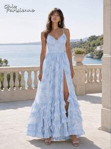 Sky Blue Floral Chiffon V-Neck Backless Tiered A-Line Maxi Dress - 天藍色 - 查看 6