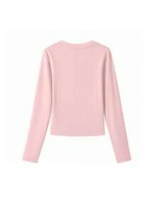 Pink Short Crew Neck Regular Shoulder Long Sleeve T-Shirt For Women, Minimalist Cat & Letter Print, Early Autumn Base Layer Slim Fit Versatile Top - Pink - View 7