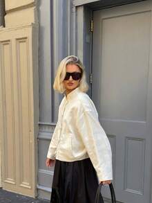 FGGG Women's Spring/Summer Drop-Shoulder Long Sleeve Small Stand Collar Elegant Old Money Style Short Woven Jacket, Beige - Beige - View 4