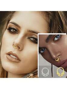 1pc Exquisite CZ Hinged Clicker Nose Ring, 2 Styles: Snake Design & Beaded Three-Stone Cubic Zirconia Segment Jewelry, 316L Hypoallergenic Stainless Steel, Multi-Purpose Nose Piercing, Cartilage, Ear Canal & Nose Jewelry - Multicolor - View 3