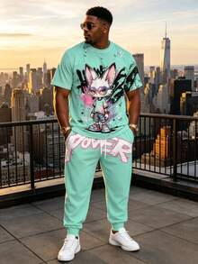 Plus Size Men's 2-Piece Set, Men's Long Pants, Graphic T-Shirt, Streetwear Series "Cool Rabbit With Glasses Graffiti POWER Print" Pattern Set - Polyester Fabric, Drawstring, Pockets, Suitable For Plus Size - Mint Green - View 6