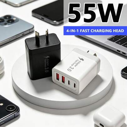 1 pièce/2 pièces, Chargeur double port haute vitesse 55W, équipé d'un port USB-A et d'un port USB-C, compatible avec les séries 17/16/15/14/13/12/11 et compatible avec les séries Galaxy S26/S25/S24/S23, parfait pour la maison, le bureau et les voyages. Chargeur USB, 4 ports, 2A+2C, chargeur mural, prise standard australienne, charge rapide, PD+QC, adaptateur secteur multi-ports, chargeur portable quatre en un