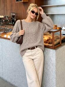 Nicenter Women's Fall Winter Casual Brown Fuzzy Cable Knit Drop Shoulder Crew Neck Long Sleeve Wool Blend Sweater, Cozy Simple For Office Daily Home Date - Camel - View 3