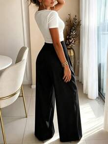SUNSTORY Women's All-Season Solid Color High-Waist Wide-Leg Trousers, Featuring Pleated Waist And Draped Floor-Length Pants - Black - View 5