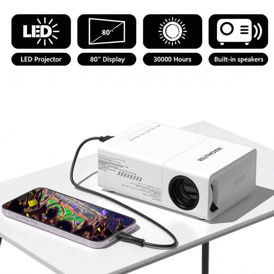 Portable Mini Smart Projector With Phone Mirroring For Home Theater, USB, Smartphone, TV Box, Laptop-High Resolution Video Projector For Movies And Presentations - White - View 1