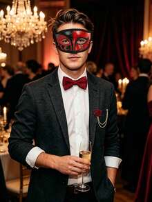 3pcs Masquerade Men's Mask & Bow Tie Set, Half Face Mask For Ballroom Party, Halloween Men's & Women's Half Face Mask - Multicolor - View 5