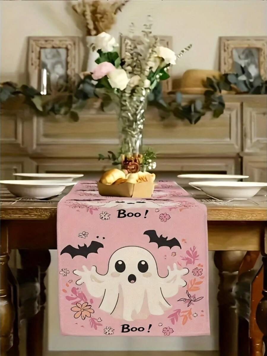 1pc/Halloween Decorative Table Runner, Pink Background With Black Bat And Cute Ghost Print, Polyester Material, Multiple Size Options, Dining Table Centerpiece, Halloween Party Supplies - Multiple Styles - View 1