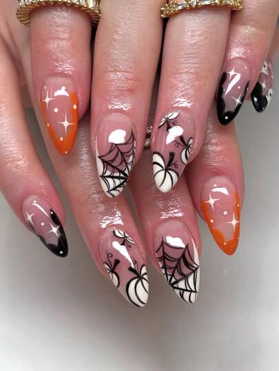 24pcs Almond Shaped Halloween Themed Nail Stickers, Patterns Include Cute Ghosts, Pumpkins, Spider Webs, Polka Dots, Y2K French Nail Design, Nail Set Includes Jelly Glue And Nail File, Suitable For Women's Daily Wear, Holiday Dates, Party Wear Nail Supplies.