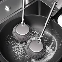 Stainless Steel Pot Brush With Handle, Household Pot Cleaning Tool, Non-Scratch Kitchen Cleaning Brush, Steel Wire Long Handle Dish Brush - Stainless Steel Pot Scrubber - View 2