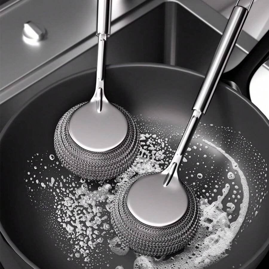 Stainless Steel Pot Brush With Handle, Household Pot Cleaning Tool, Non-Scratch Kitchen Cleaning Brush, Steel Wire Long Handle Dish Brush