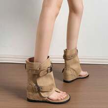 Women's New Punk Style Open Toe Mid-Calf Sandals, Featuring Rivets And Buckle Straps, Unique Design, Built-In Height Increase - Khaki - View 6
