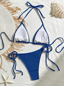 Bikinx Solid Color Patchwork Webbing Triangle Cup Tie-Up Women's Swimsuit Set Vacation Beach Summer - Navy Blue - View 4