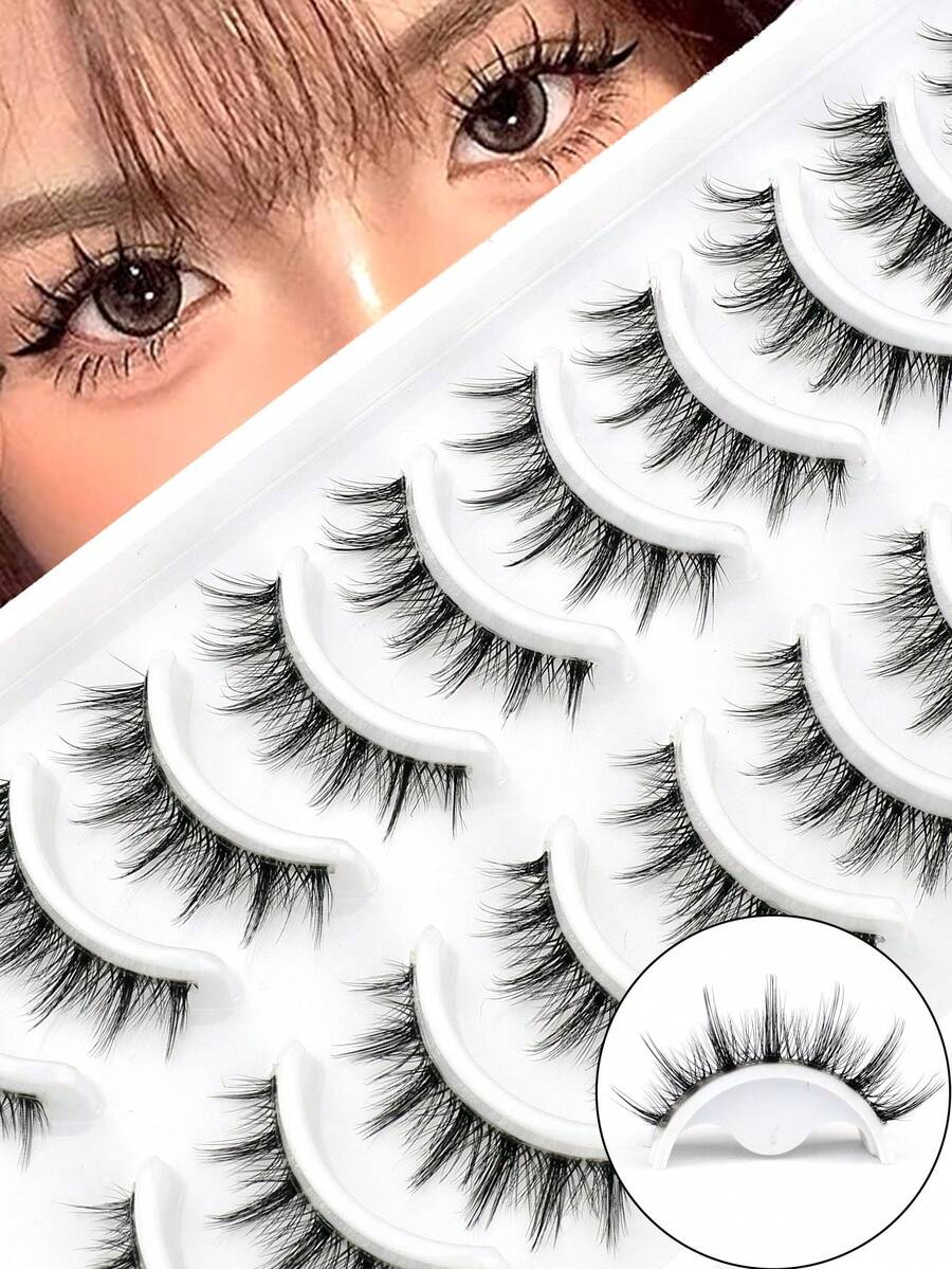 NAIJEMA 10 Pairs 3D Natural Fluffy False Eyelashes, Short Stem Transparent Lashes, Cartoon Makeup Effect, Suitable For Cartoon Style Eye Makeup, Strip Eyelashes, False Eyelashes - Black - View 1