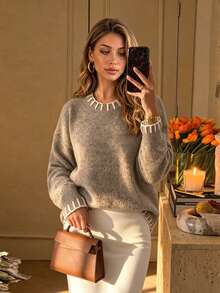ODALIA Women's Mature Elegant Style, Women's V-Neck Knit Sweater, Decorated With White Contrast Knit Trim, Long Straight Sleeves, Regular Length, High Elasticity Daily Top, Fall Casual 2026 New Arrival, Fall Top, Women's Autumn/Winter Clothing, Women's Elegant Top, Fall Clothing, Back To School Season - Khaki - View 4