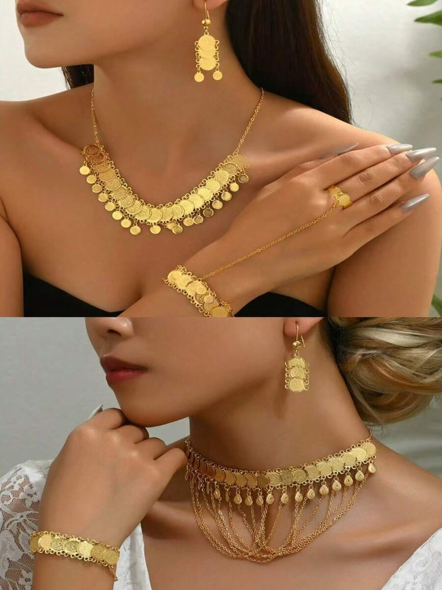 2套時尚個性化宴會簡約通勤精緻流蘇硬幣復古風女款耳環項鍊手鍊套組