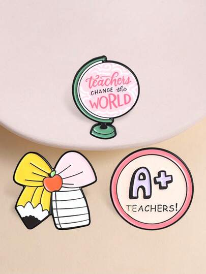 3Pcs Gentle Teacher Theme Enamel Pin A+ Medal Globe Pencil Apple Cartoon Brooch Teacher's Day Decor Badge