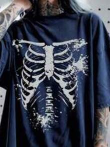 Colección verano 2026. Camiseta holgada mujer talla grande, estampado calavera y rosa gótico punk, estilo retro vanguardista. Tallas 3–7XL, apta otoño-invierno. Envío gratis 24h. - Azul marino 1 - Ver 18