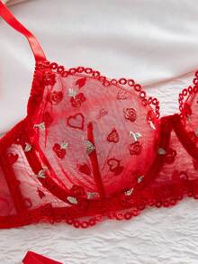 女款性感內衣2件套－透視甜美紅色網紗刺繡胸罩與內褲套裝－情人節約會內衣 - 紅色 - 查看 5