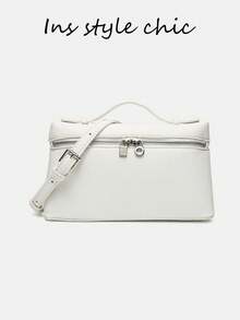 White Textured Small Handbag, Portable Top Handle With Adjustable Shoulder Strap And Metal Lock Decoration, Multi-Functional Travel Makeup Crossbody Bag - White - View 3