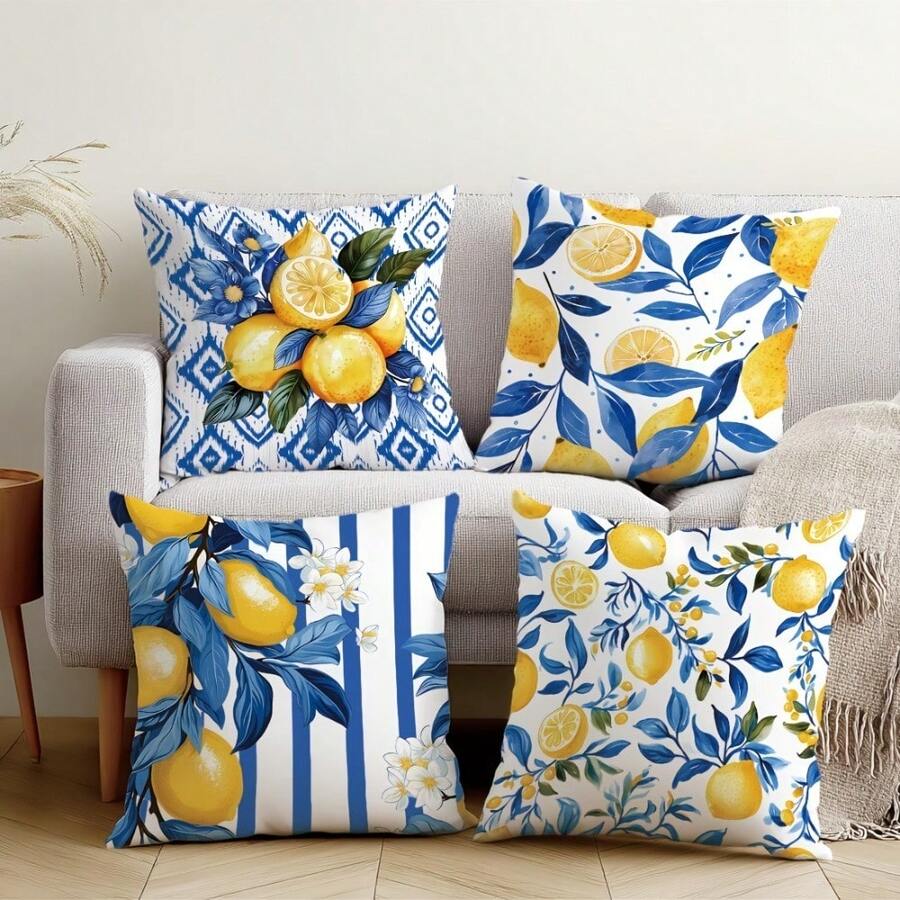 4Pcs Navy Blue Lemon Illustration Throw Pillow Covers - 17.7*17.7 Inches, Machine Washable With Zipper, Suitable For Farmhouse, Living Room, Bedroom, Sofa, Porch, Patio, Outdoor Decor, Not Insert Included - Multicolor - View 1