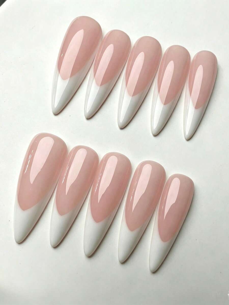 10pcs Almond-Shaped Long Press-On Nail Tips, Matte French Manicure, Reusable Nude And White Nail Sticker Set, Women's Nail Supplies - Multicolor - View 1