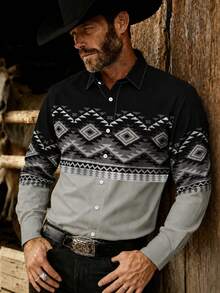 Men's Vintage Western Style Contrast Color Long Sleeve Shirt, Black Collar, Blue & White Geometric Print Patchwork Design Sports - Light Grey - View 6