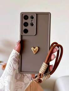 1pc Minimalist Luxury INS Black Phone Case With 3D Gold Heart Detachable Braided Wrist Strap, Premium Protective Shell For Girls, Compatible With Apple 11, 12, 13, 14, 15, 16, 17 Pro Max, Simple Dark Chic Style Designed For Women And Girls - Brown - View 1