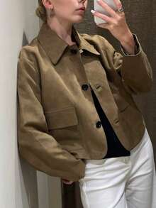Women's Fashion Versatile Suede Short Jacket, Round Neck Long Sleeve Button Front Winter Coat, Street Style - Camel - View 4